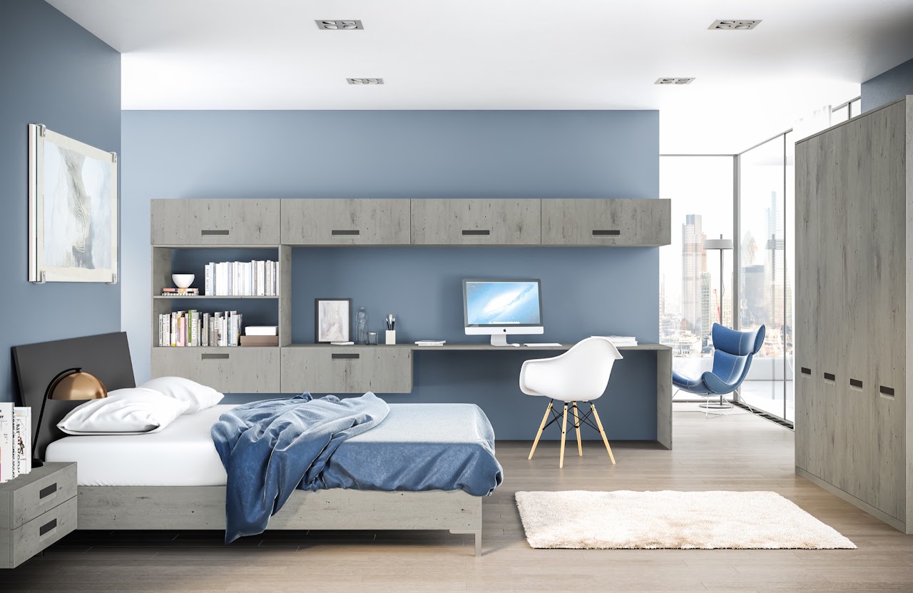 Bedroom suite with bed, desk and fitted storage