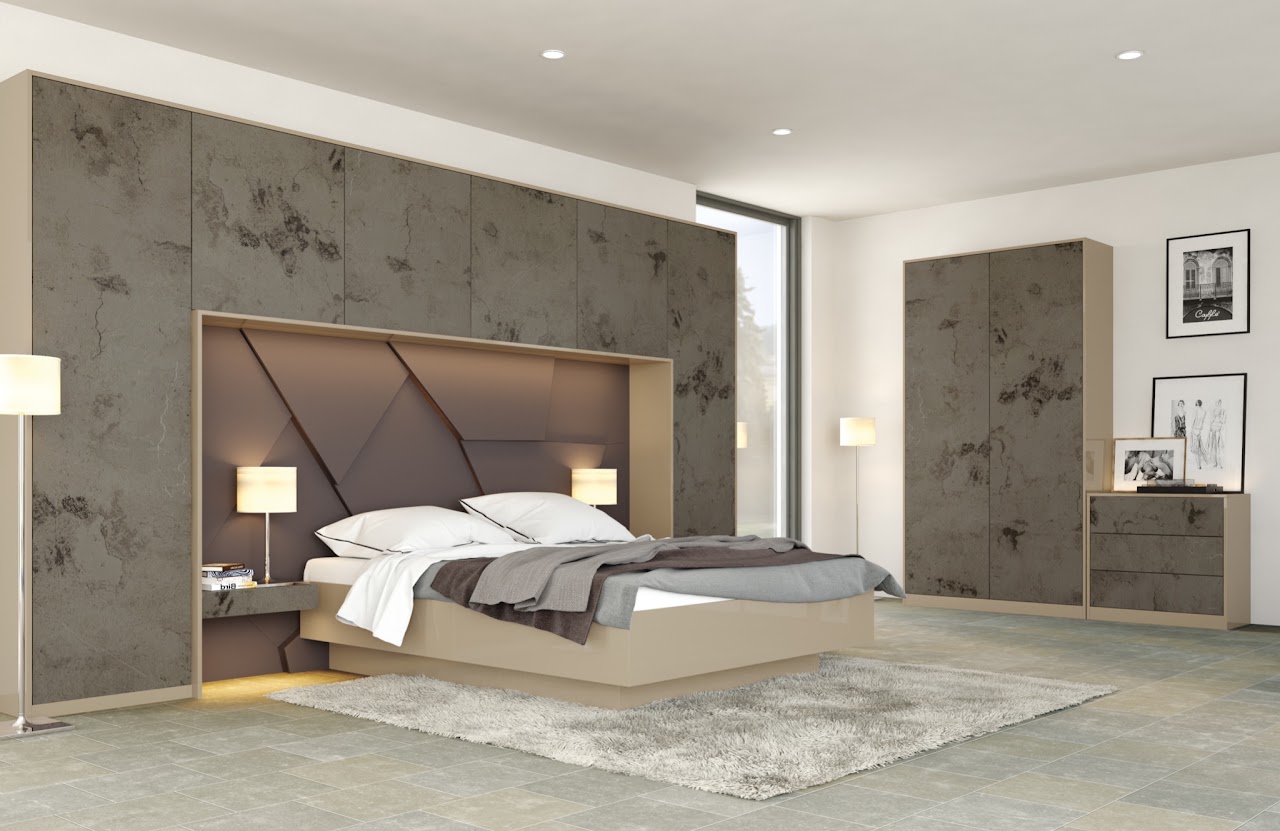 Bedroom where storage surrounds the bed as one scheme