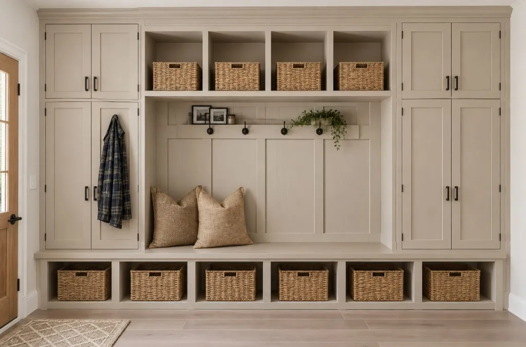 Hallway storage with bench seating and shoe basket cubbies