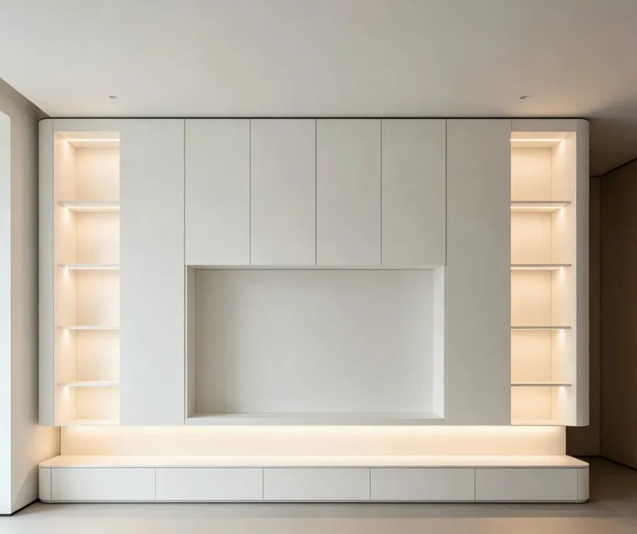Cream floating media console with LED lighting