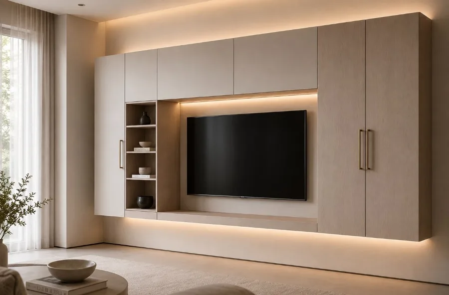 Wall-hung TV unit with warm LED glow