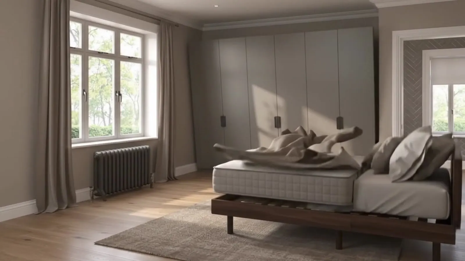 Fitted bedroom with wall-to-wall wardrobes and a styled bed