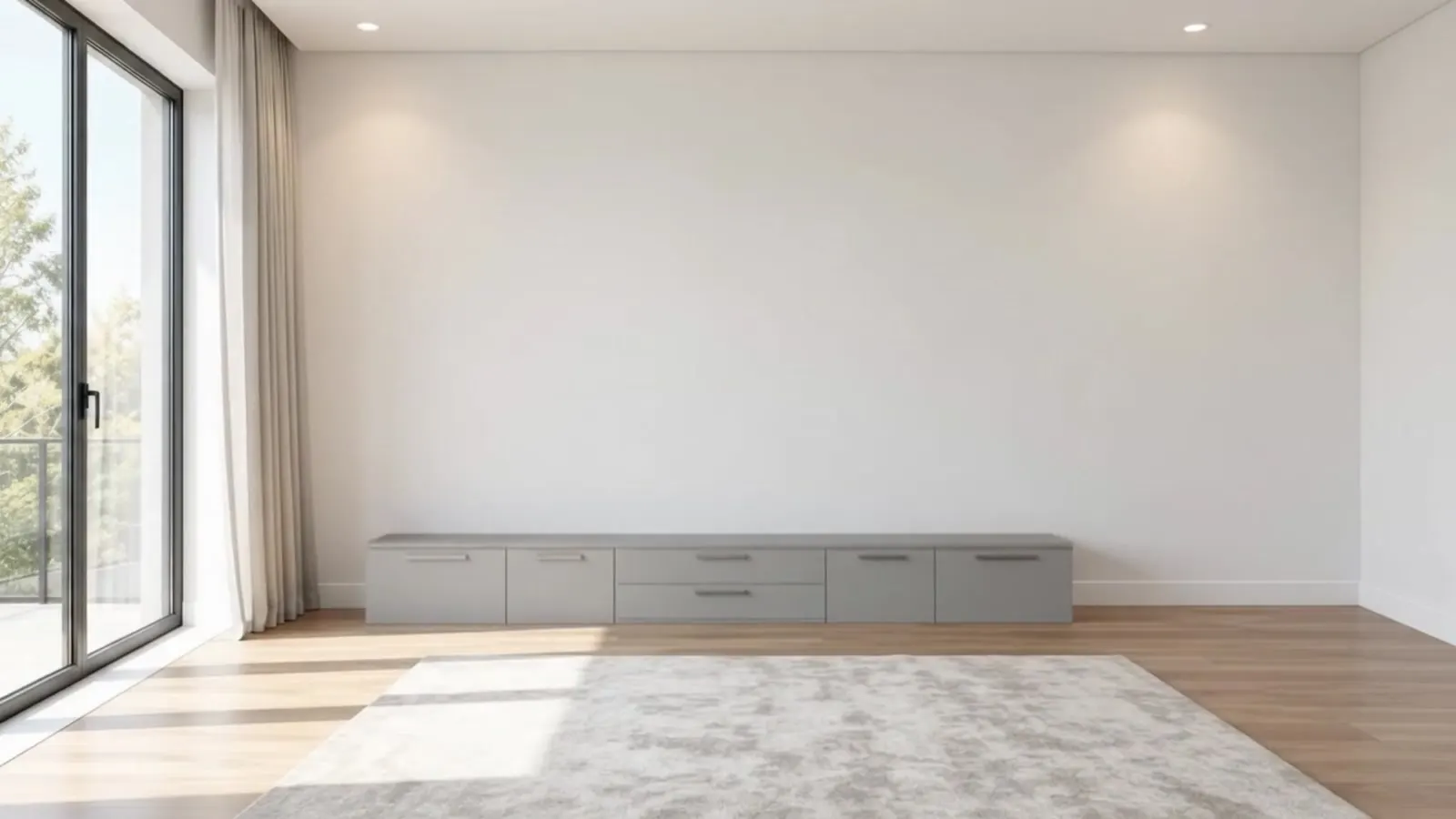 Low-line media console with open shelving in a bright living room