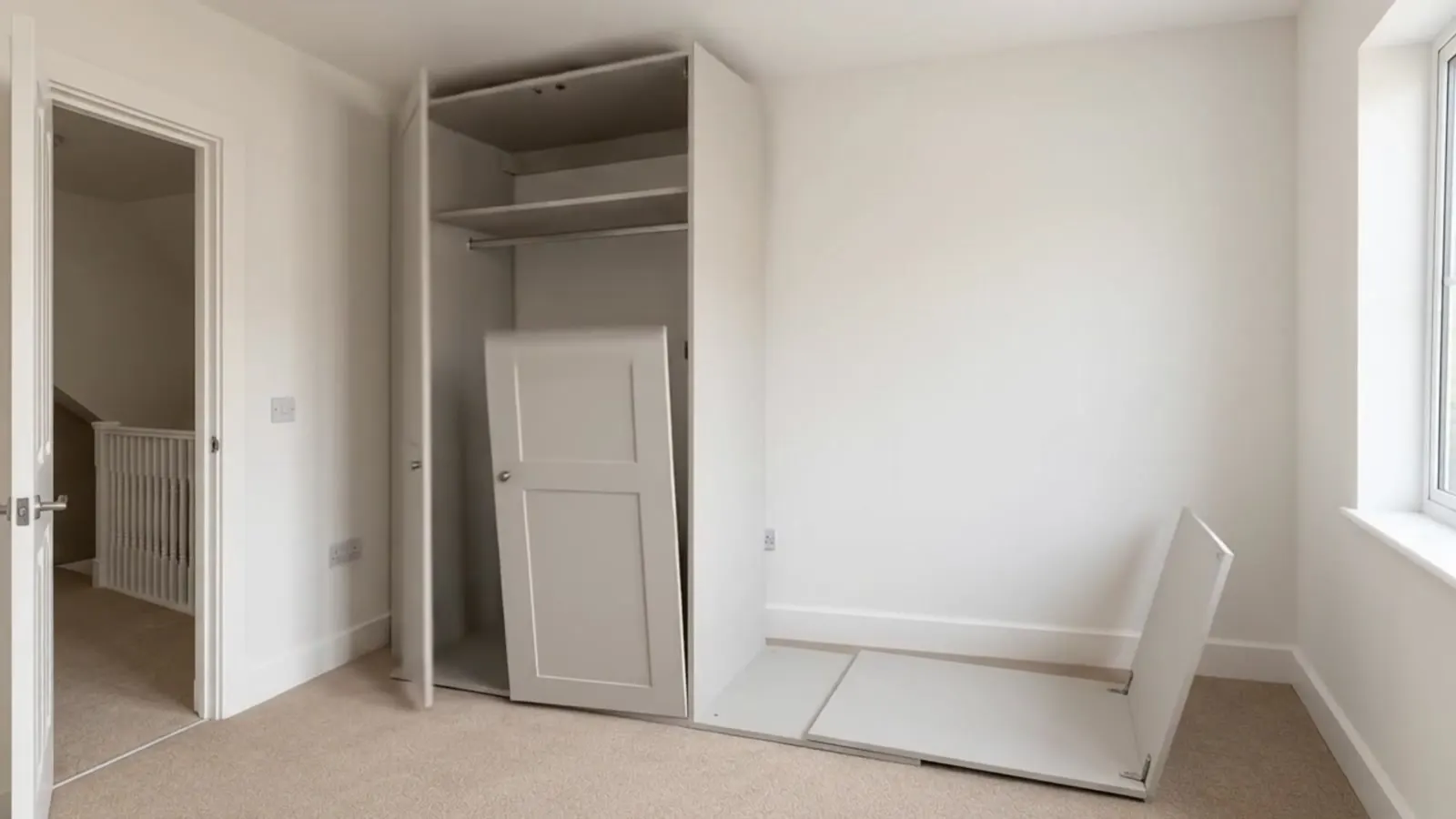 Light grey shaker fitted wardrobe and cabinetry being installed